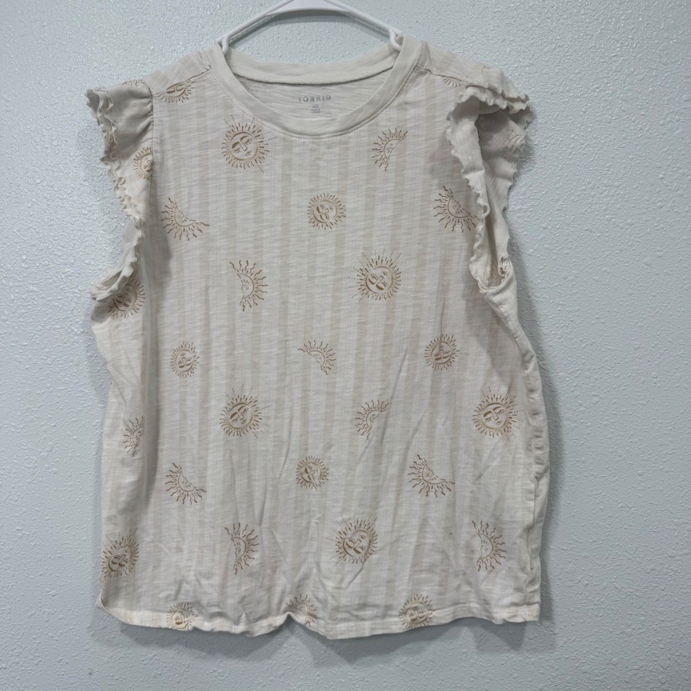 Torrid Celestial Sun Moon Print Ruffle Sleeve Tank Top Cream Stripe Size 00